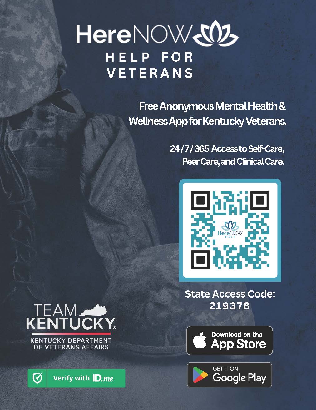 HereNOW Help App Flyer with QR Code and Access Code 219378.